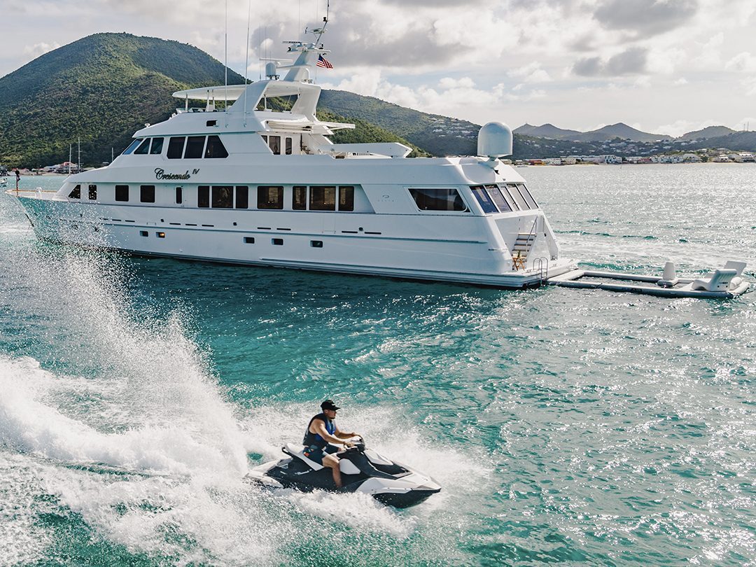 Superyacht Crescendo IV with FunSize Beach Club Sea Pool and Superyacht Wave Chairs