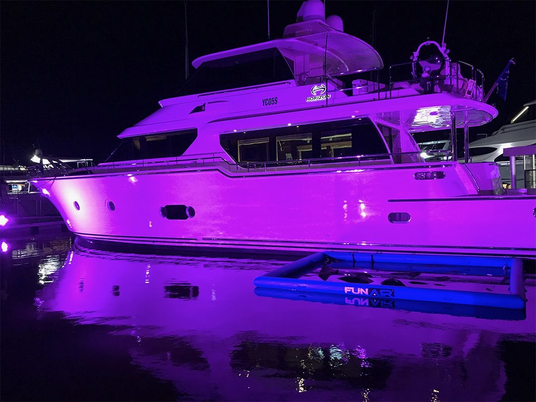 Lagoon Pool beside superyacht at night