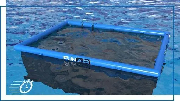 Blue FunAir branded inflatable Lagoon Sea Pool with netting deployed in open water