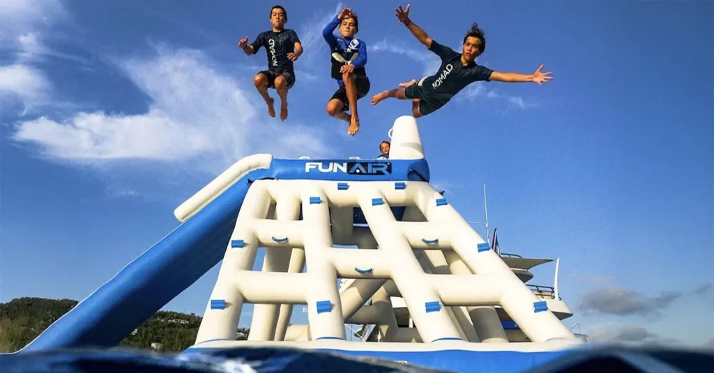 The FunAir Floating Playground enjoyed by charter guests on a yacht vacation