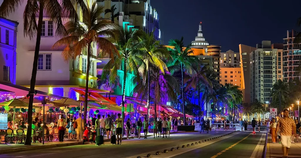 Ocean Drive in South Beach Miami enjoyed at night by yachties