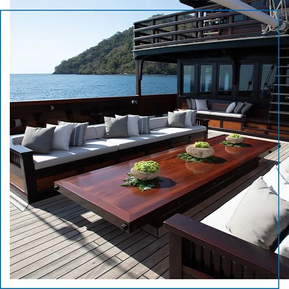 One of the exterior socialising spaces for charter guest on yacht Dunia Baru