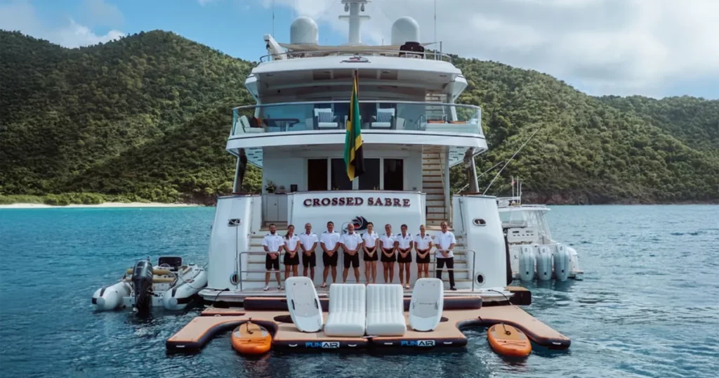Charter superyacht Crossed Sabre with her crew and FunAir inflatable yacht toys