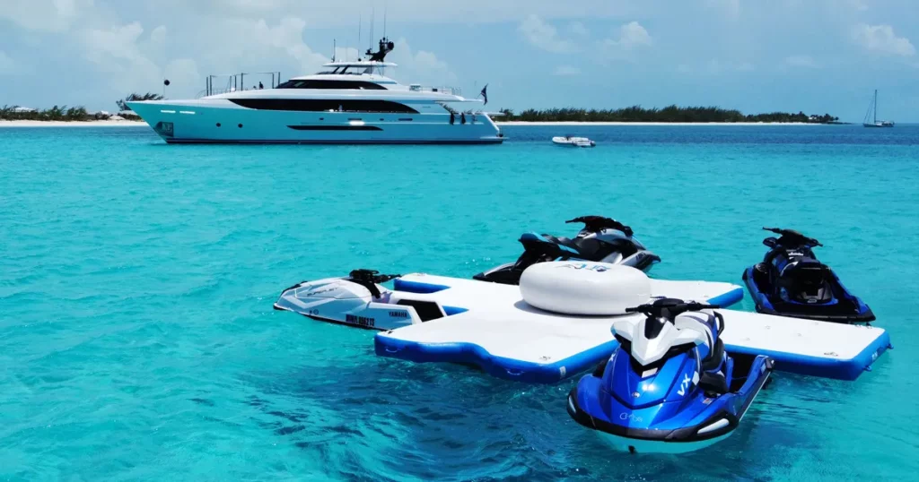 The FunAir Inflatable toy island with charter superyacht Chaos in the background