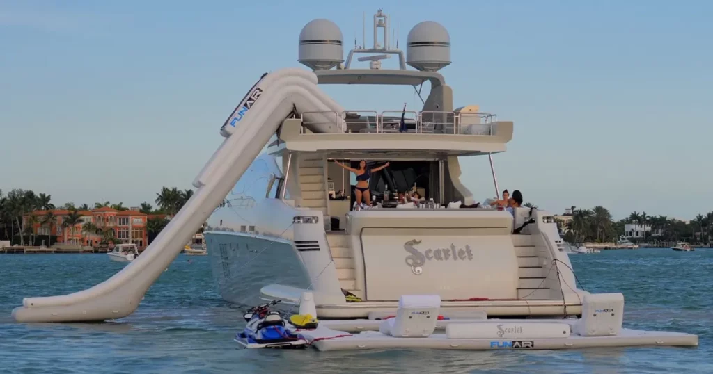 Motor Yacht Scarlet at sunset with FunAir superyacht inflatables