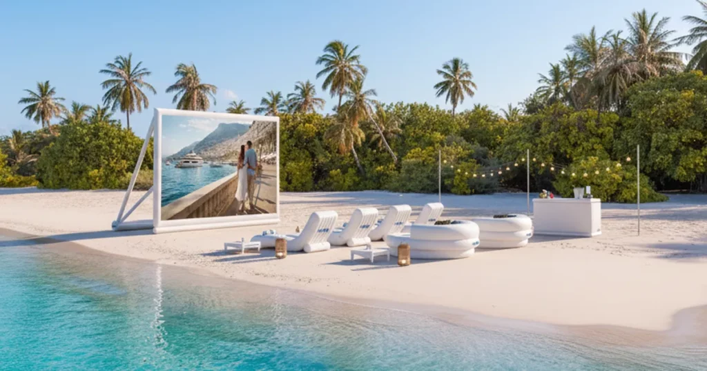 FunAir inflatable cinema screen, beach bar and furniture for charter guests in the Caribbean