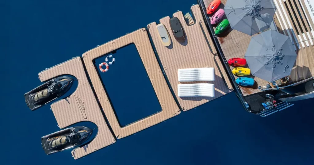 superyacht inflatable jet ski dock, sea pool, swim platform extension on charter superyacht Come Together