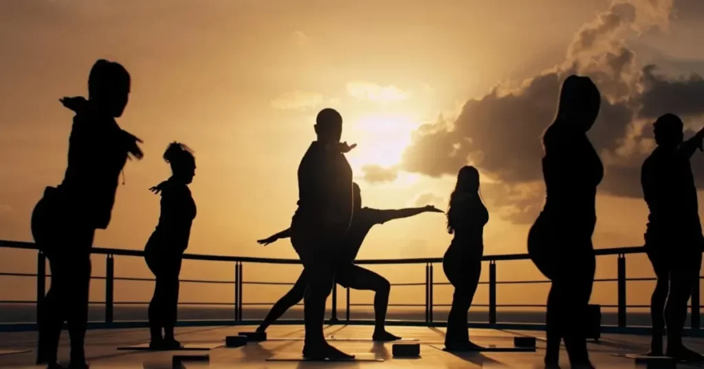 Superyacht crew and charter guests doing yoga on luxury yacht @yachtllywood